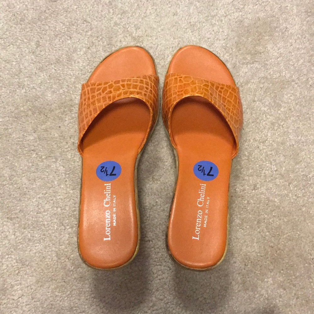 orange snake skin wedge heels